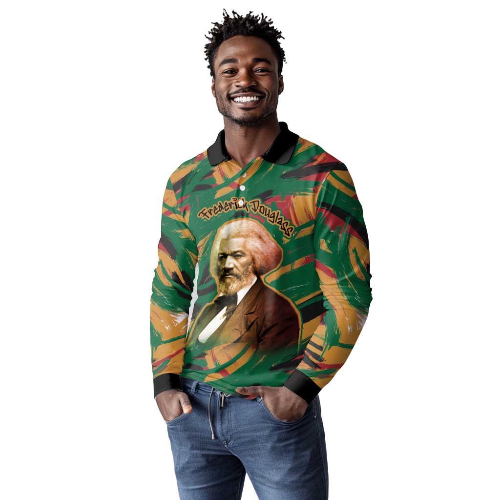 Frederick Douglass Long Sleeve Polo Shirt Green Abstract Design Civil Rights Leader Quote on Race and Humanity - Wonder Print Shop