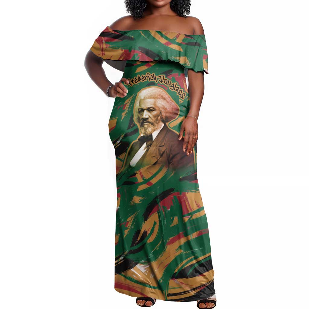 Frederick Douglass Off Shoulder Maxi Dress Green Abstract Design Civil Rights Leader Quote on Race and Humanity - Wonder Print Shop