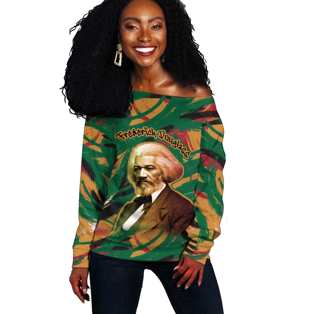 Frederick Douglass Off Shoulder Sweater Green Abstract Design Civil Rights Leader Quote on Race and Humanity - Wonder Print Shop