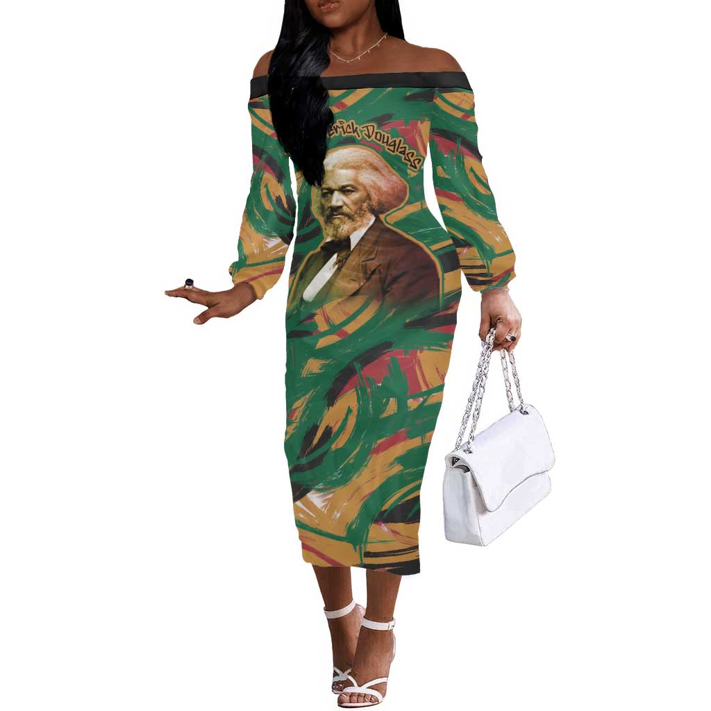 Frederick Douglass Off The Shoulder Long Sleeve Dress Green Abstract Design Civil Rights Leader Quote on Race and Humanity - Wonder Print Shop