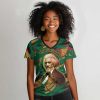 Frederick Douglass Women V-Neck T-Shirt Green Abstract Design Civil Rights Leader Quote on Race and Humanity TS04
