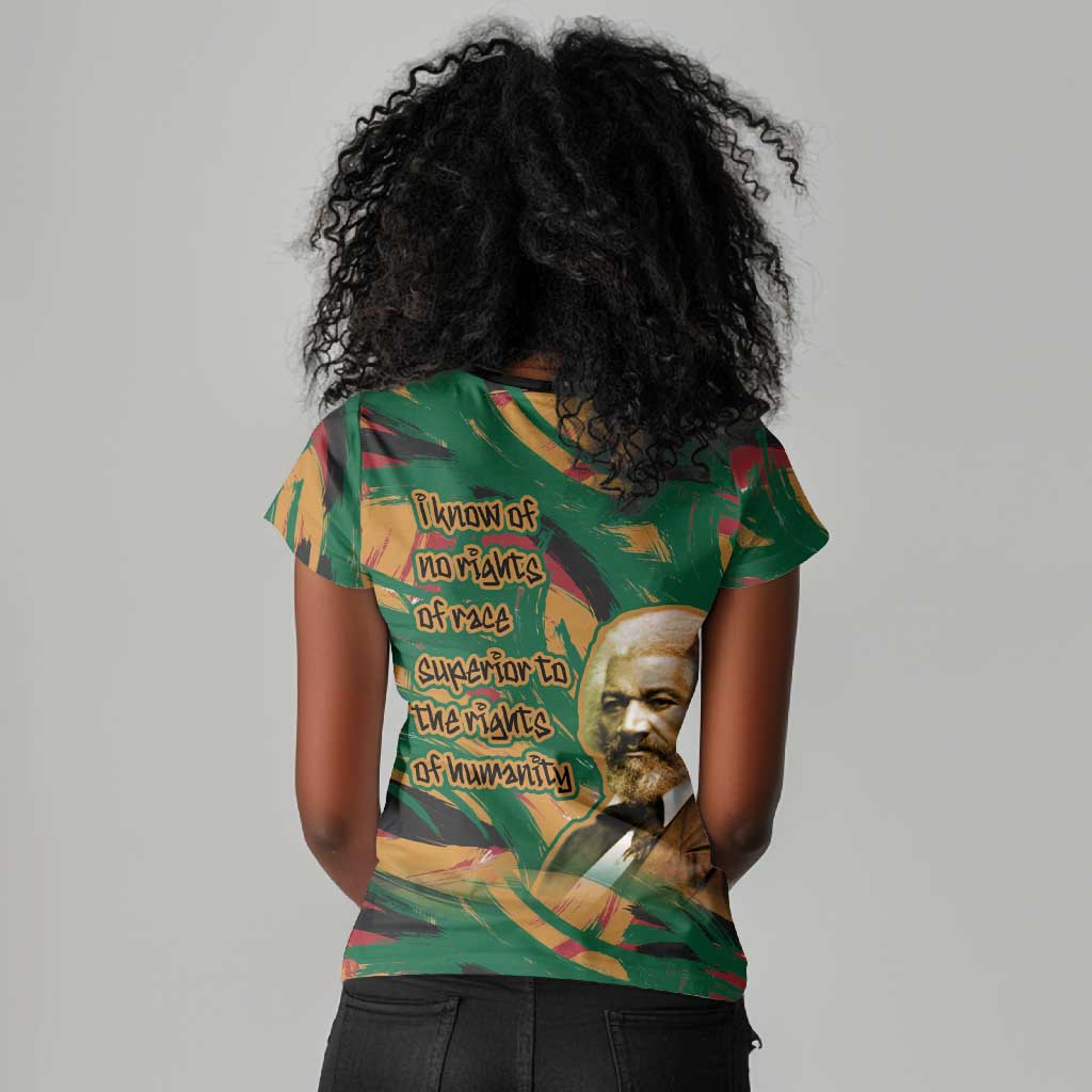 Frederick Douglass Women V-Neck T-Shirt Green Abstract Design Civil Rights Leader Quote on Race and Humanity TS04