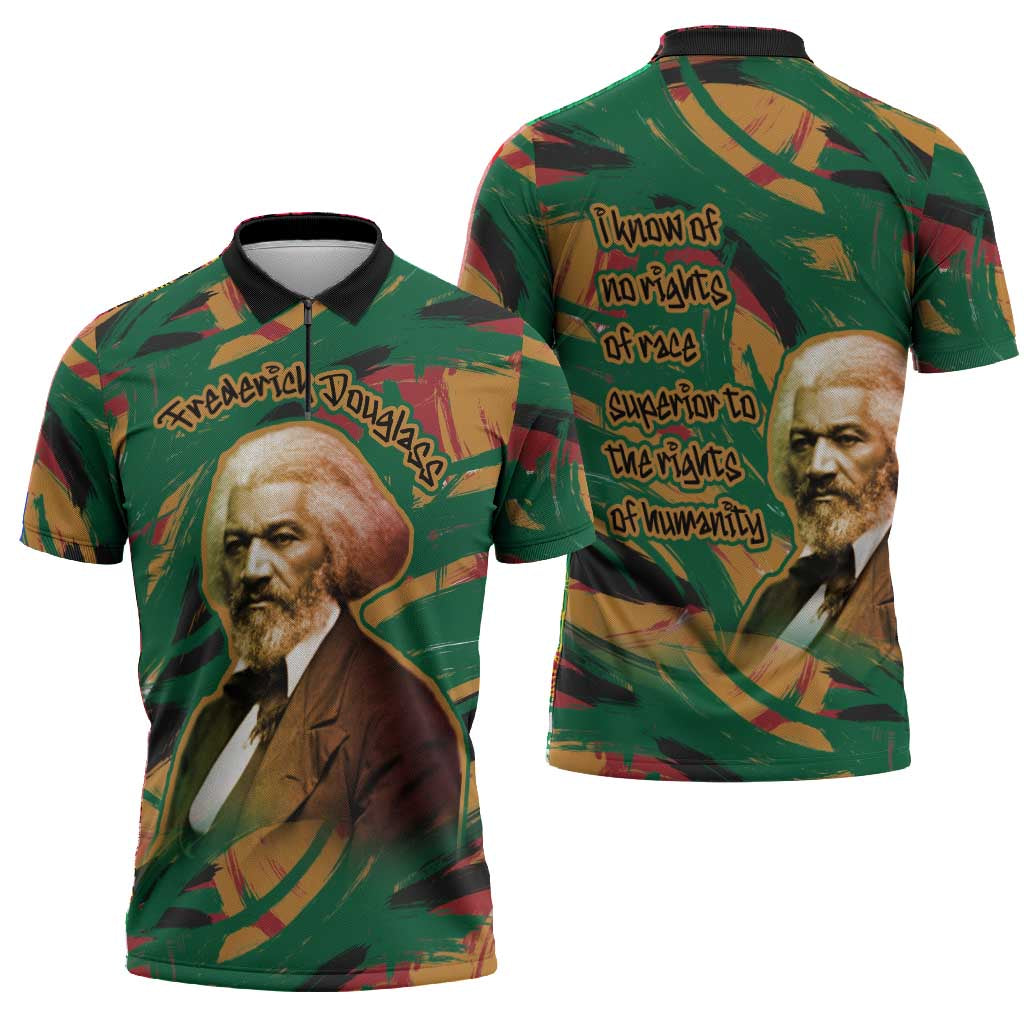 Frederick Douglass Zipper Polo Shirt Green Abstract Design Civil Rights Leader Quote on Race and Humanity - Wonder Print Shop