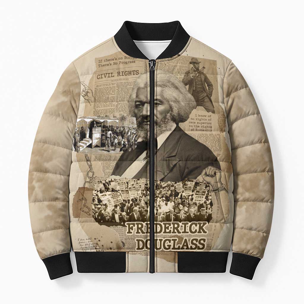 Frederick Douglass Bomber Puffer Jacket Sepia Newspaper Collage Civil Rights March Historic Quote Design - Wonder Print Shop