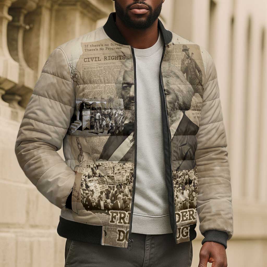 Frederick Douglass Bomber Puffer Jacket Sepia Newspaper Collage Civil Rights March Historic Quote Design - Wonder Print Shop