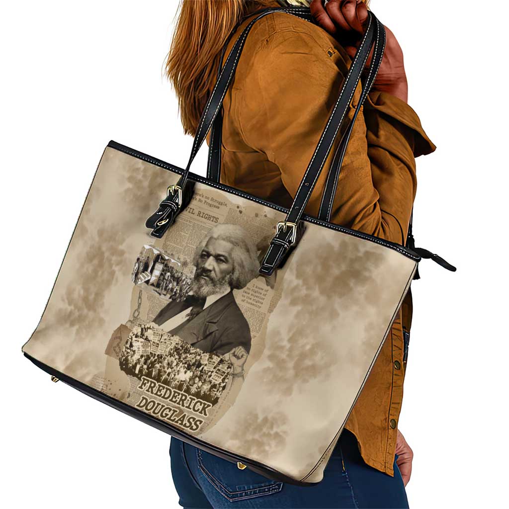 Frederick Douglass Leather Tote Bag Sepia Newspaper Collage Civil Rights March Historic Quote Design - Wonder Print Shop