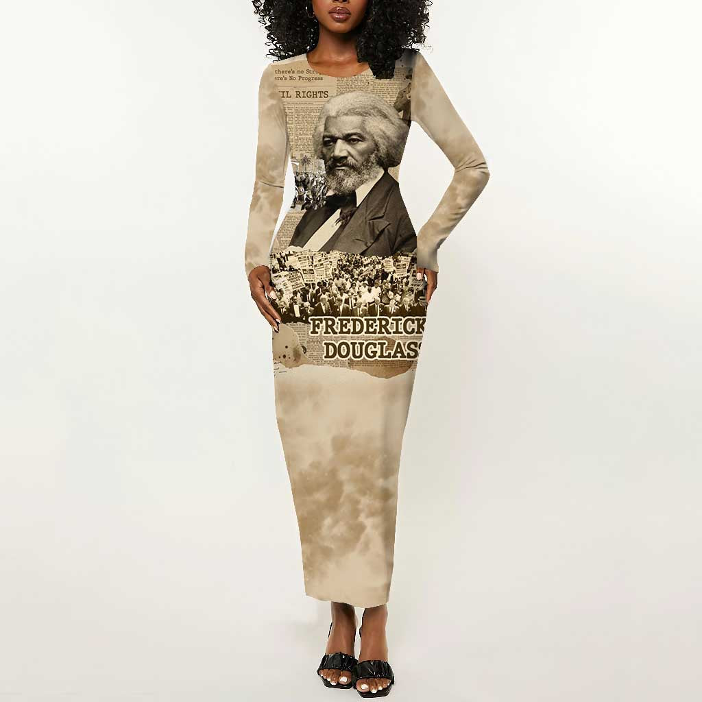 Frederick Douglass Long Sleeve Bodycon Dress Sepia Newspaper Collage Civil Rights March Historic Quote Design - Wonder Print Shop