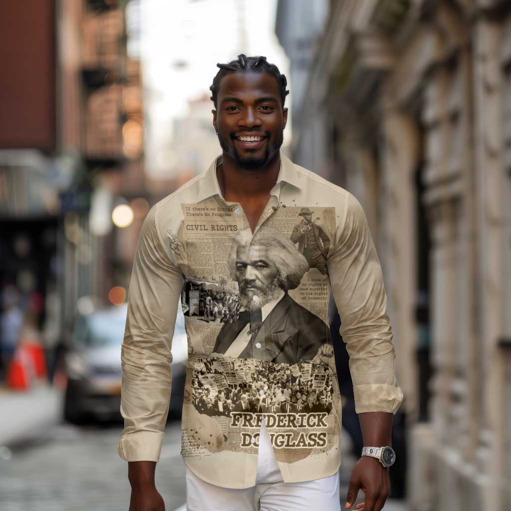 Frederick Douglass Long Sleeve Button Shirt Sepia Newspaper Collage Civil Rights March Historic Quote Design - Wonder Print Shop