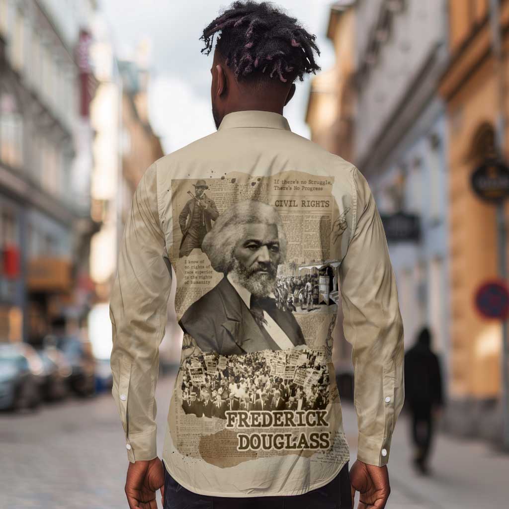 Frederick Douglass Long Sleeve Button Shirt Sepia Newspaper Collage Civil Rights March Historic Quote Design - Wonder Print Shop