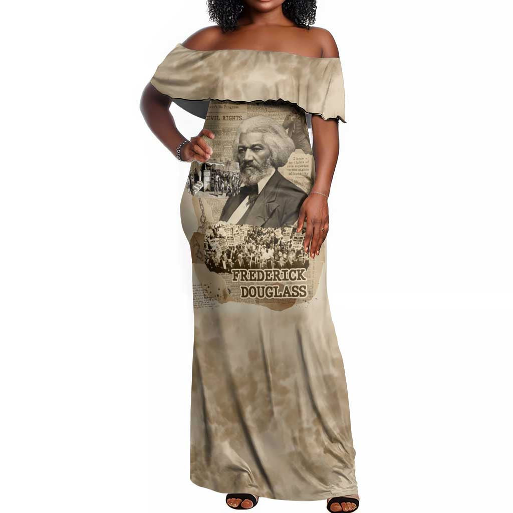 Frederick Douglass Off Shoulder Maxi Dress Sepia Newspaper Collage Civil Rights March Historic Quote Design - Wonder Print Shop