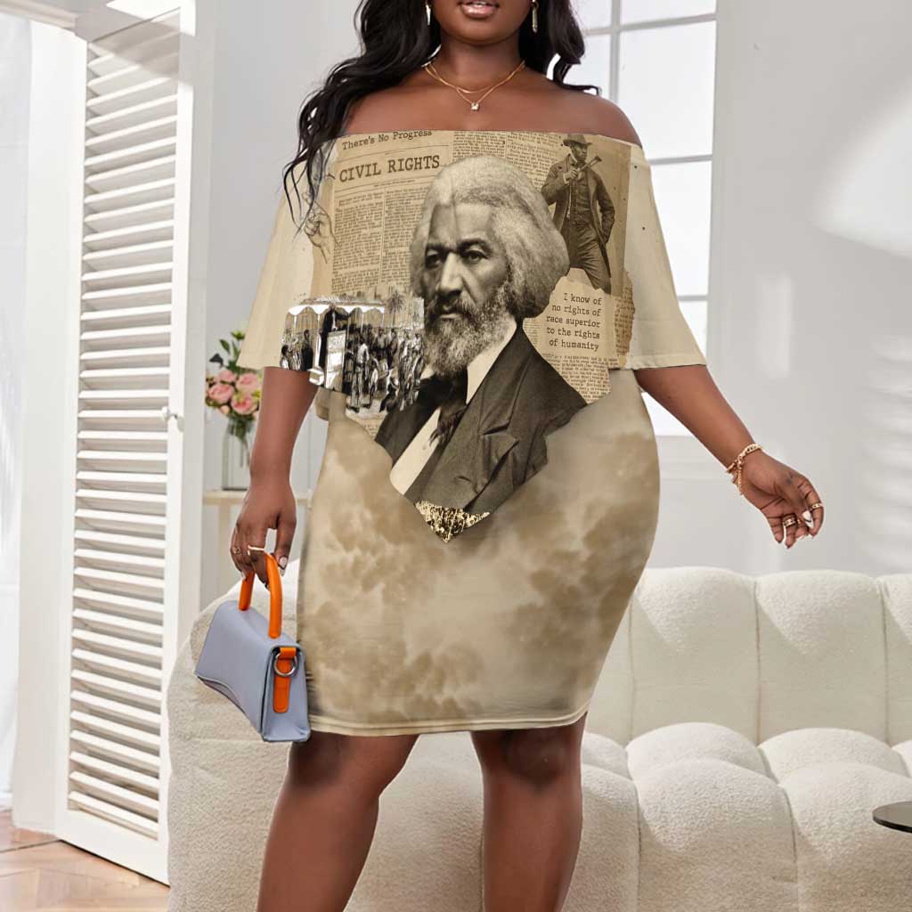 Frederick Douglass Off Shoulder Short Dress Sepia Newspaper Collage Civil Rights March Historic Quote Design - Wonder Print Shop