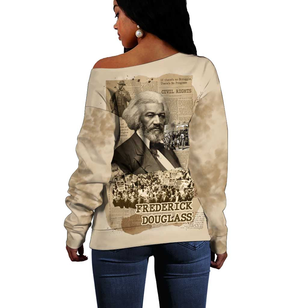 Frederick Douglass Off Shoulder Sweater Sepia Newspaper Collage Civil Rights March Historic Quote Design - Wonder Print Shop