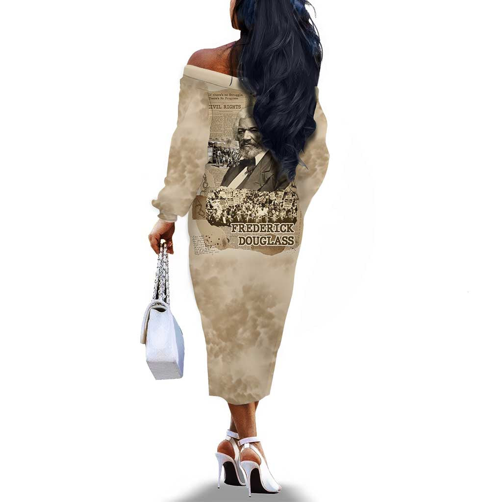 Frederick Douglass Off The Shoulder Long Sleeve Dress Sepia Newspaper Collage Civil Rights March Historic Quote Design - Wonder Print Shop