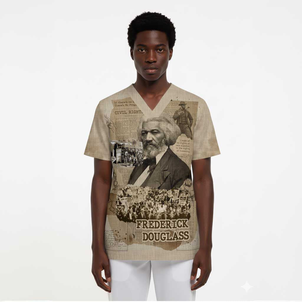 Frederick Douglass Scrub Top Sepia Newspaper Collage Civil Rights March Historic Quote Design - Wonder Print Shop