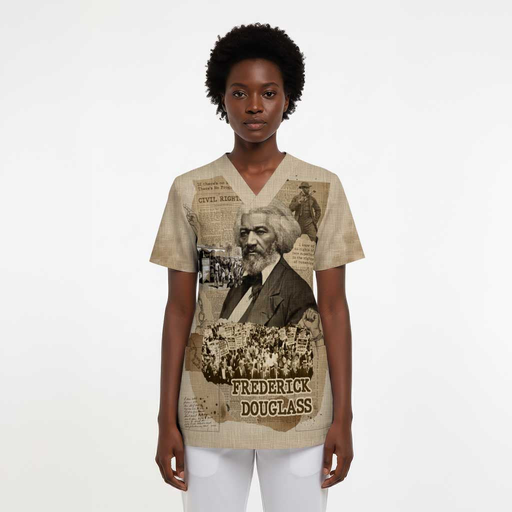 Frederick Douglass Scrub Top Sepia Newspaper Collage Civil Rights March Historic Quote Design - Wonder Print Shop
