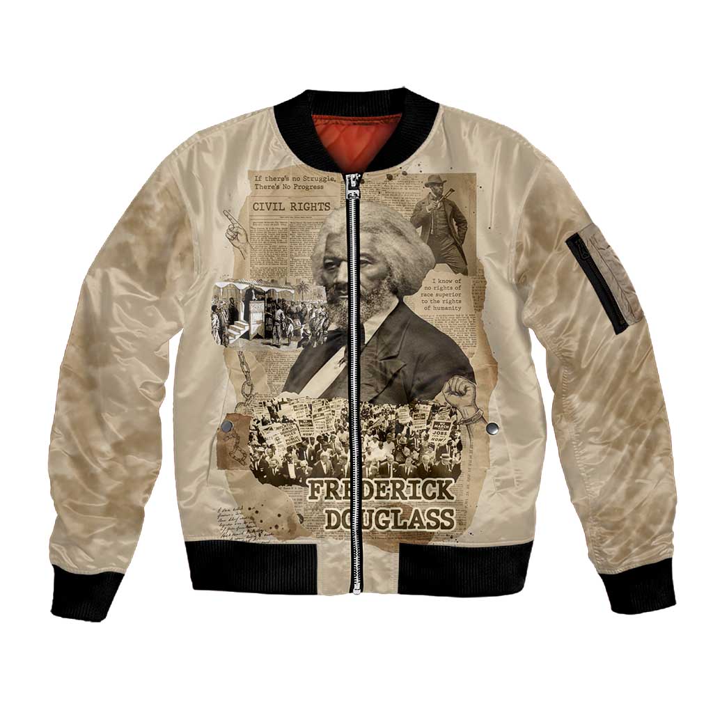 Frederick Douglass Sleeve Zip Bomber Jacket Sepia Newspaper Collage Civil Rights March Historic Quote Design - Wonder Print Shop