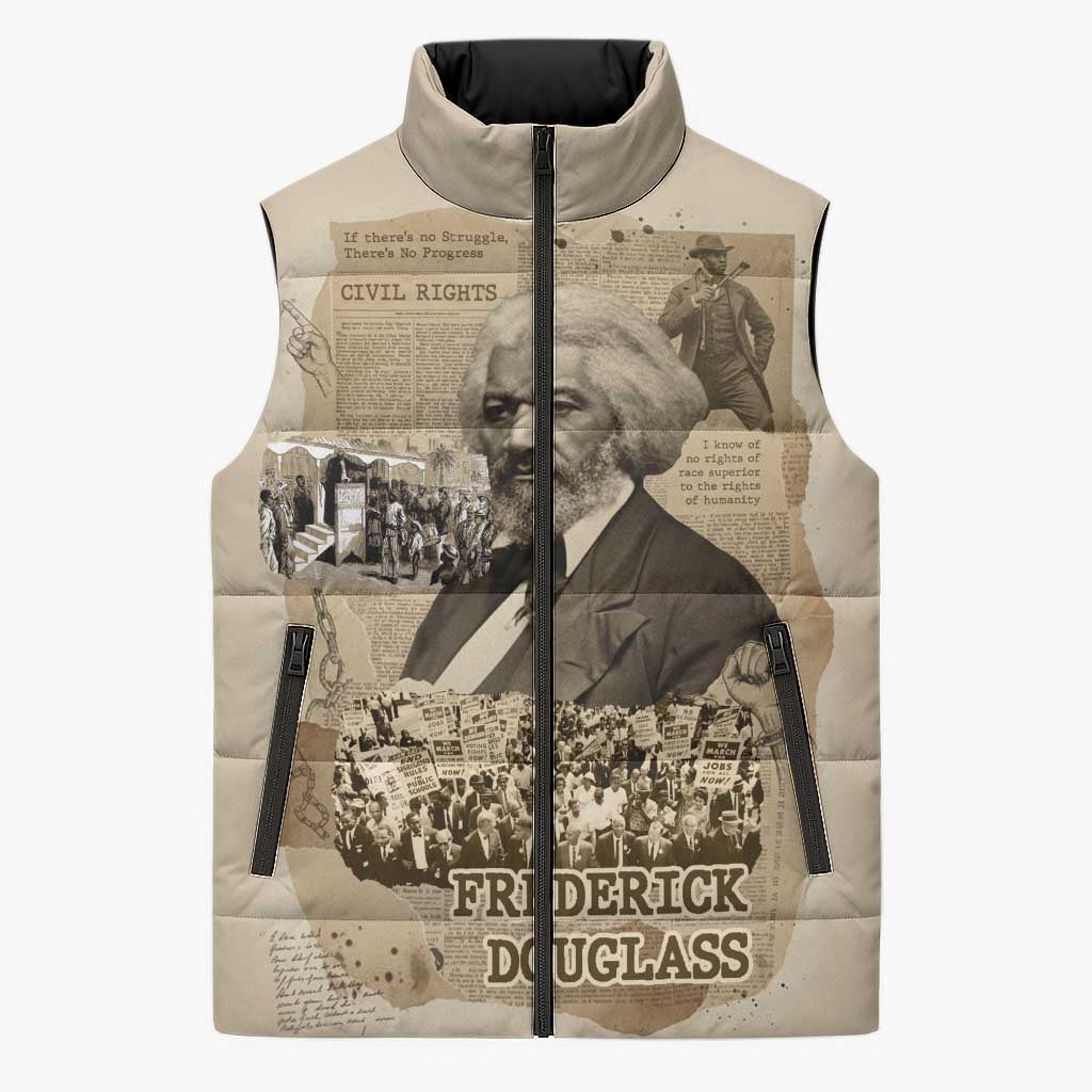Frederick Douglass Sleeveless Puffer Jacket Sepia Newspaper Collage Civil Rights March Historic Quote Design - Wonder Print Shop
