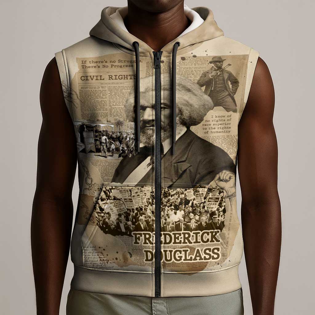 Frederick Douglass Sleeveless Zip Hoodie Sepia Newspaper Collage Civil Rights March Historic Quote Design - Wonder Print Shop