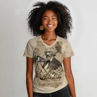Frederick Douglass Women V-Neck T-Shirt Sepia Newspaper Collage Civil Rights March Historic Quote Design TS04