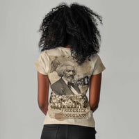 Frederick Douglass Women V-Neck T-Shirt Sepia Newspaper Collage Civil Rights March Historic Quote Design TS04