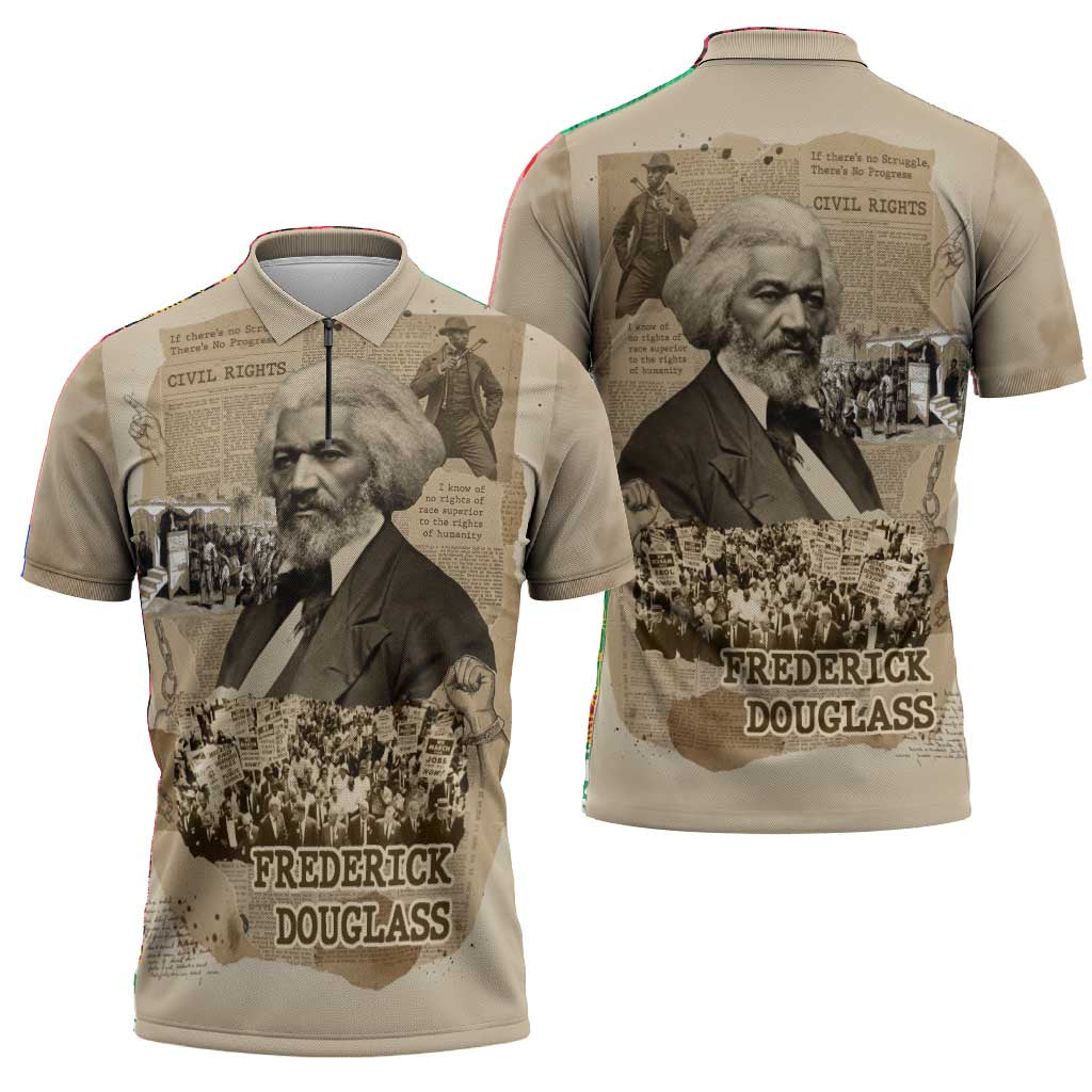 Frederick Douglass Zipper Polo Shirt Sepia Newspaper Collage Civil Rights March Historic Quote Design - Wonder Print Shop