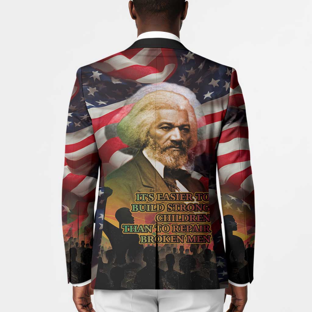 Frederick Douglass Blazer American Flag Background Powerful Quote Build Strong Children Civil Rights Tribute - Wonder Print Shop