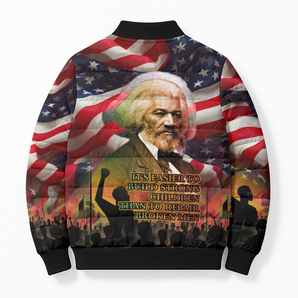 Frederick Douglass Bomber Puffer Jacket American Flag Background Powerful Quote Build Strong Children Civil Rights Tribute - Wonder Print Shop