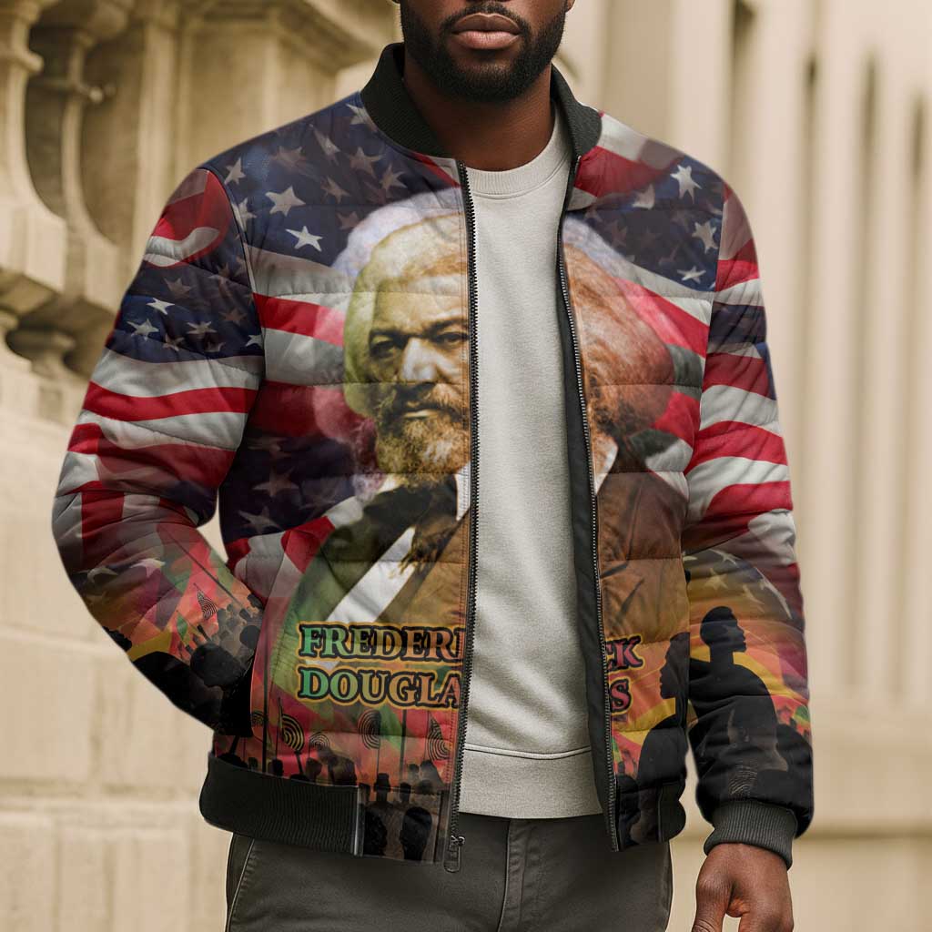 Frederick Douglass Bomber Puffer Jacket American Flag Background Powerful Quote Build Strong Children Civil Rights Tribute - Wonder Print Shop
