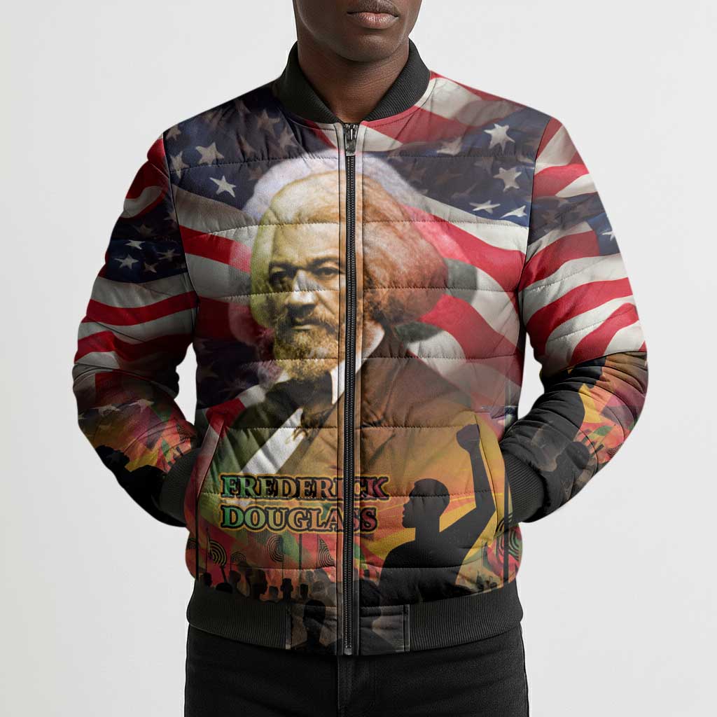Frederick Douglass Bomber Puffer Jacket American Flag Background Powerful Quote Build Strong Children Civil Rights Tribute - Wonder Print Shop