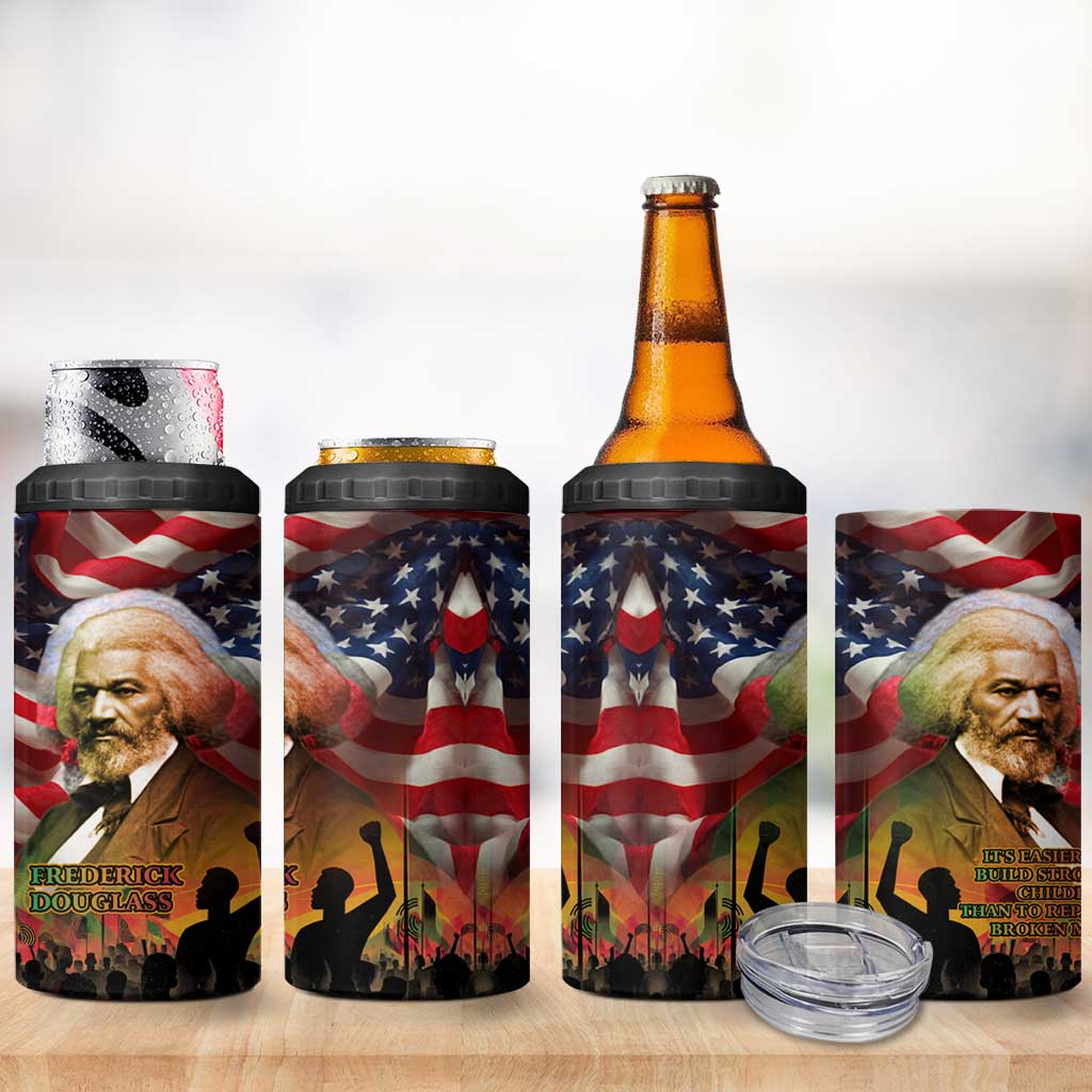 Frederick Douglass 4 in 1 Can Cooler Tumbler American Flag Background Powerful Quote Build Strong Children Civil Rights Tribute - Wonder Print Shop