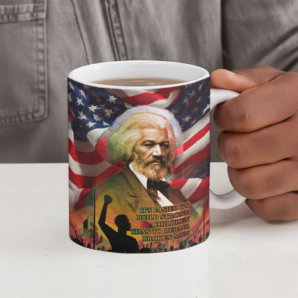 Frederick Douglass Ceramic Mug American Flag Background Powerful Quote Build Strong Children Civil Rights Tribute - Wonder Print Shop