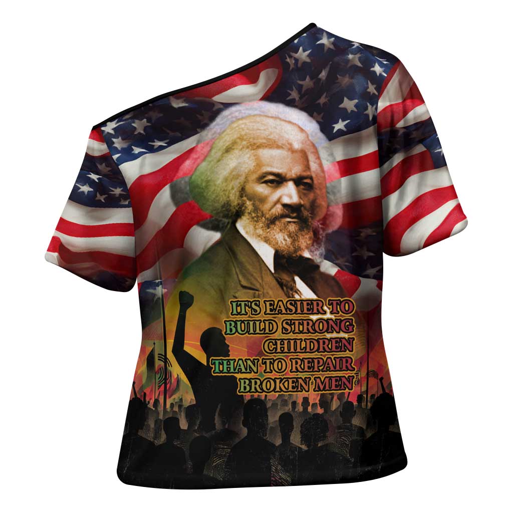 Frederick Douglass Cross Shoulder Shirt American Flag Background Powerful Quote Build Strong Children Civil Rights Tribute - Wonder Print Shop