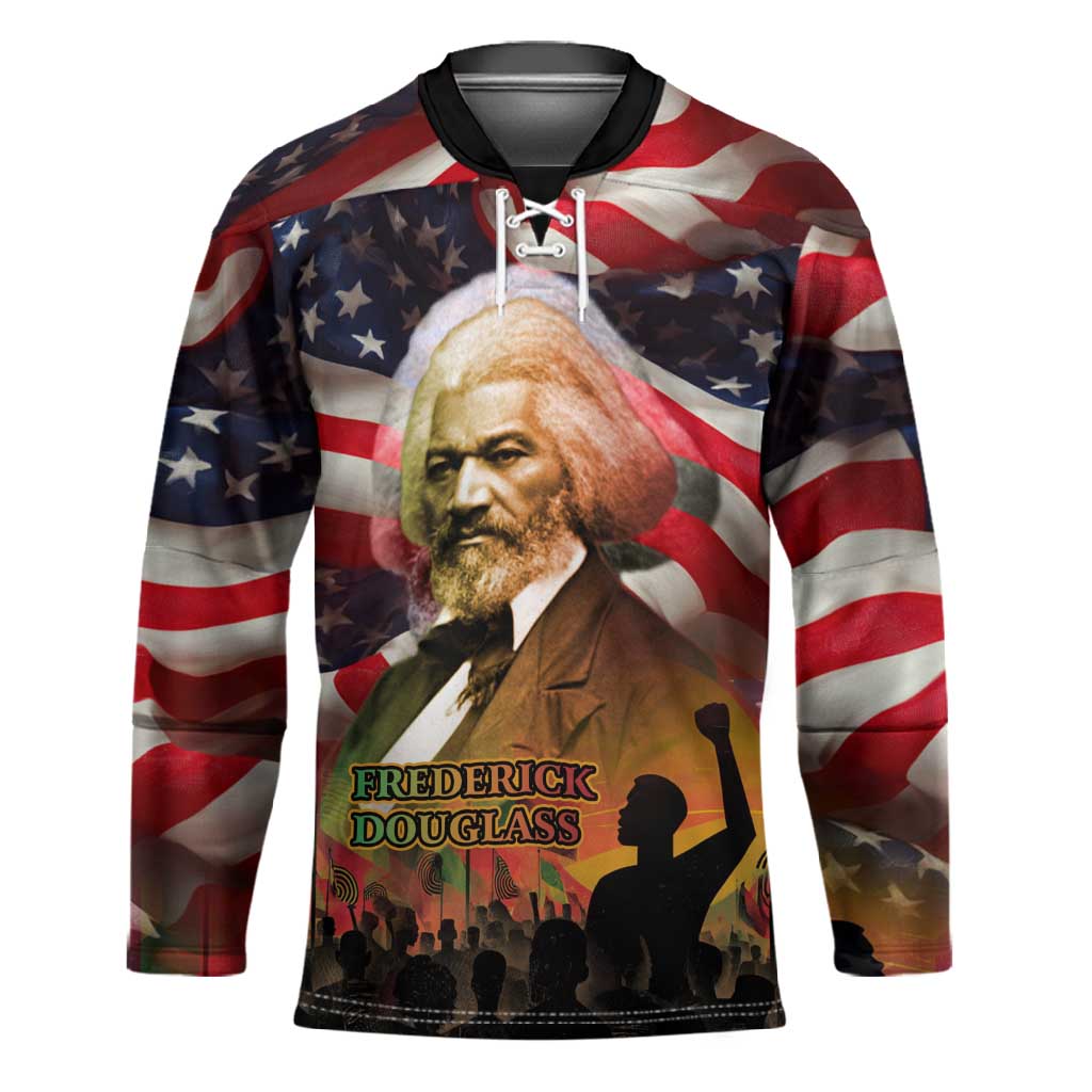 Frederick Douglass Hockey Jersey American Flag Background Powerful Quote Build Strong Children Civil Rights Tribute - Wonder Print Shop