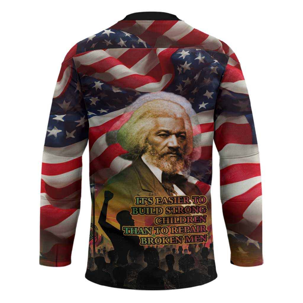 Frederick Douglass Hockey Jersey American Flag Background Powerful Quote Build Strong Children Civil Rights Tribute - Wonder Print Shop