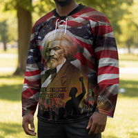 Frederick Douglass Hockey Jersey American Flag Background Powerful Quote Build Strong Children Civil Rights Tribute - Wonder Print Shop