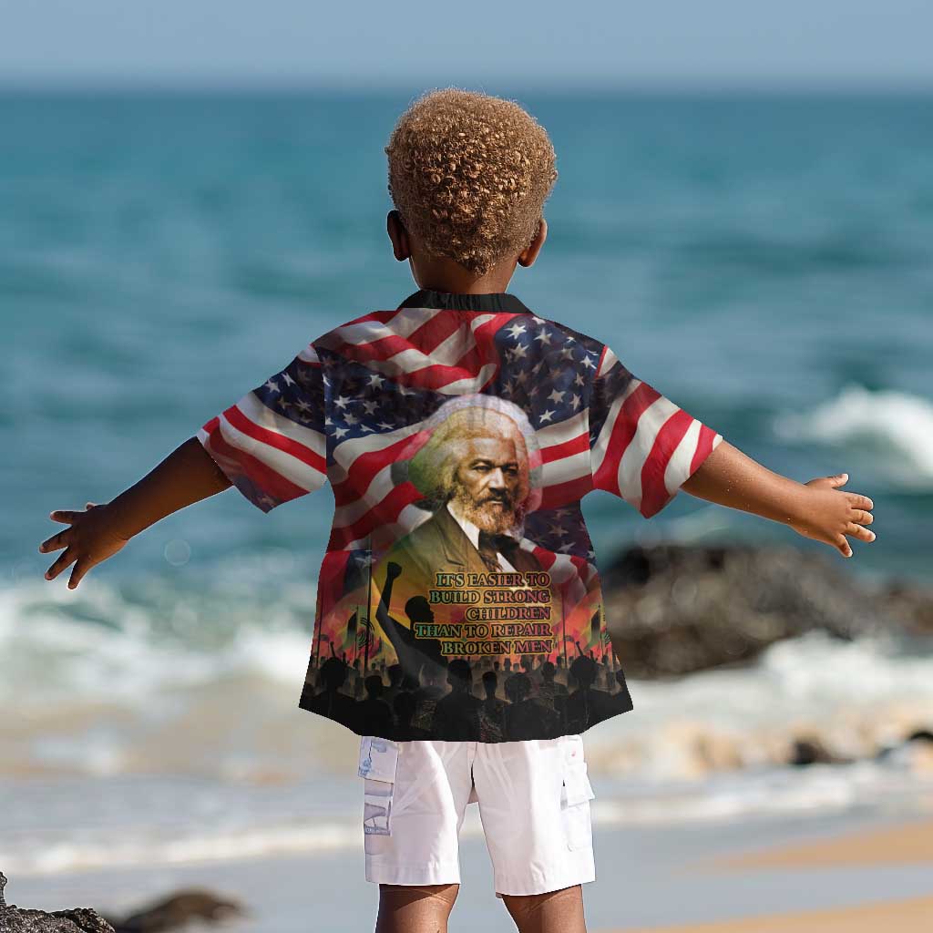 Frederick Douglass Kid Hawaiian Shirt American Flag Background Powerful Quote Build Strong Children Civil Rights Tribute TS04