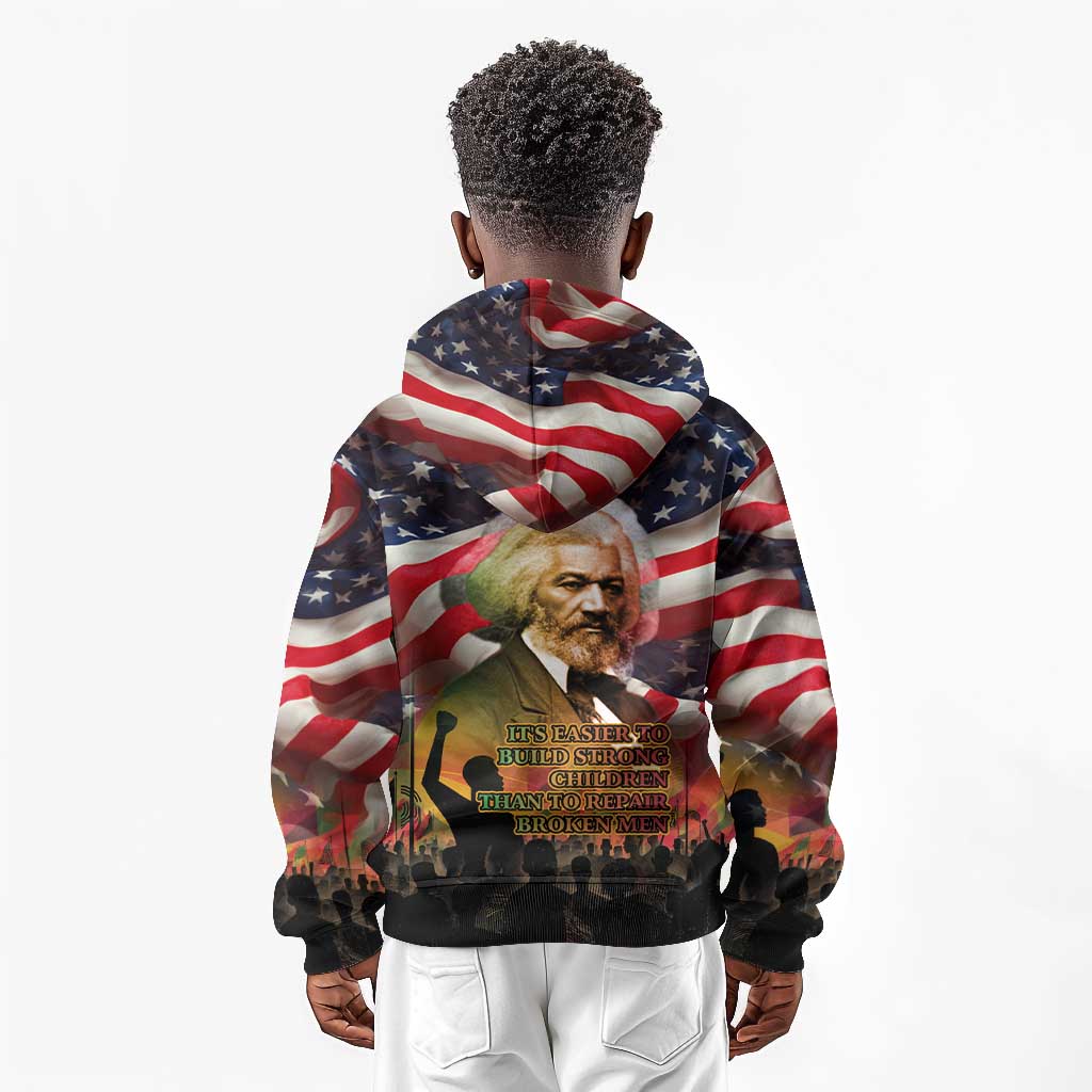 Frederick Douglass Kid Hoodie American Flag Background Powerful Quote Build Strong Children Civil Rights Tribute - Wonder Print Shop