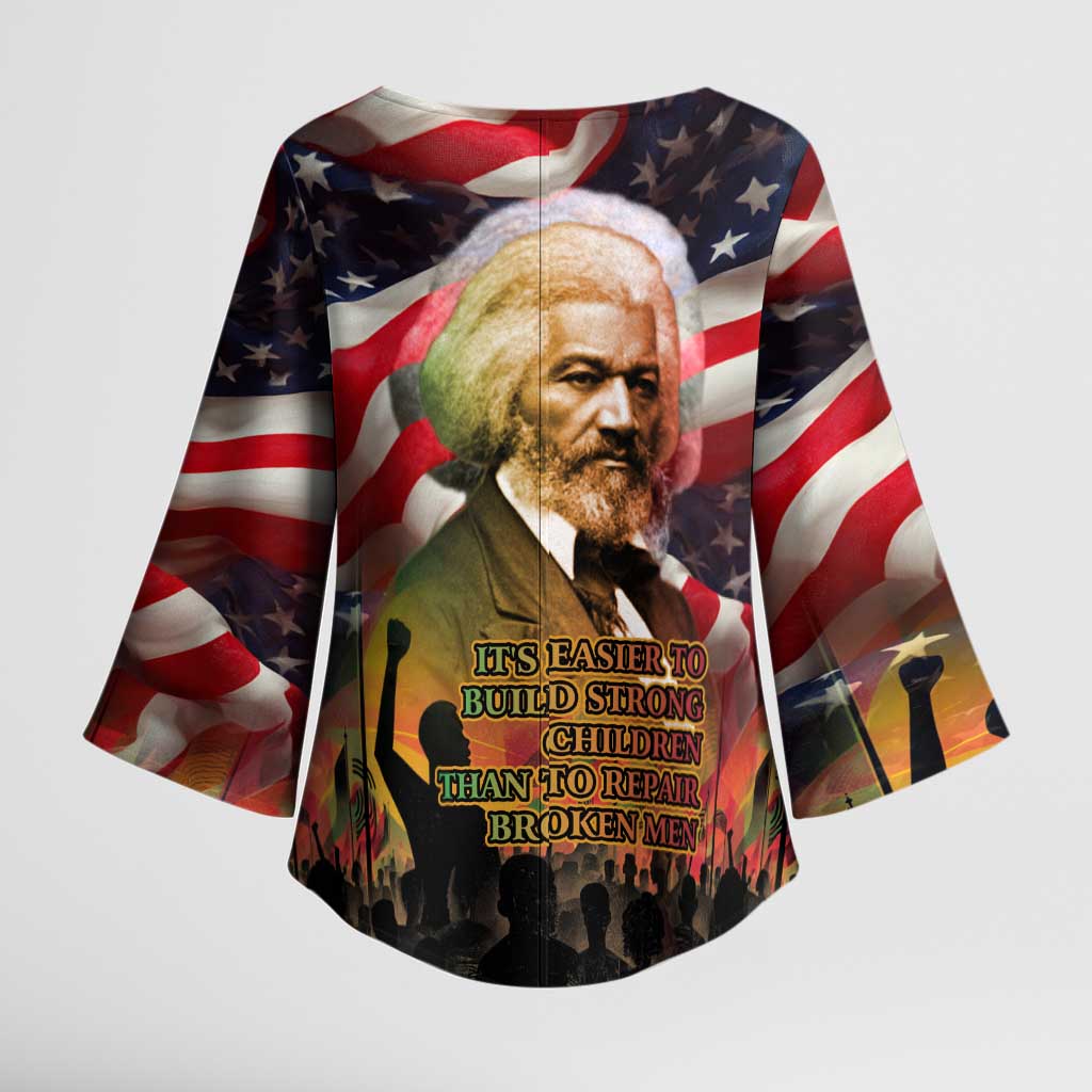 Frederick Douglass Kimono Sleeve Blouse American Flag Background Powerful Quote Build Strong Children Civil Rights Tribute - Wonder Print Shop