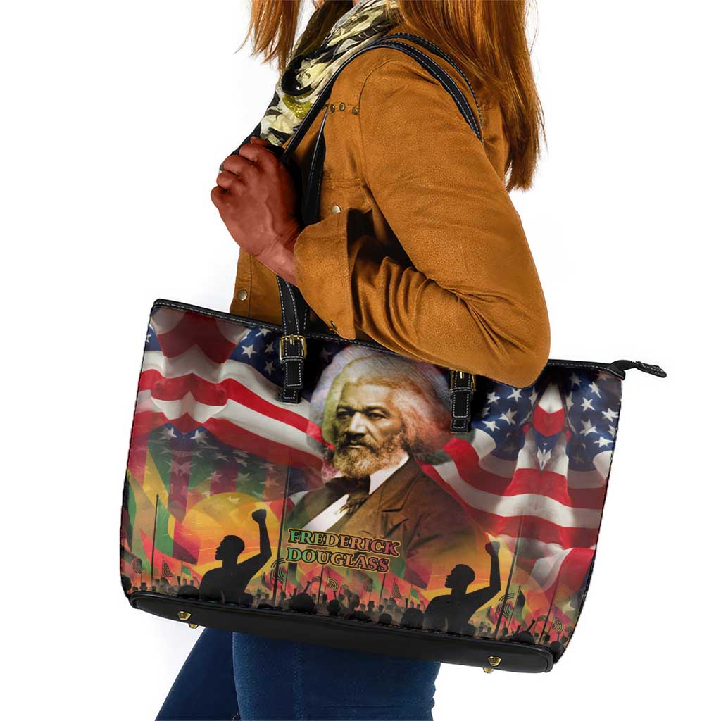 Frederick Douglass Leather Tote Bag American Flag Background Powerful Quote Build Strong Children Civil Rights Tribute - Wonder Print Shop