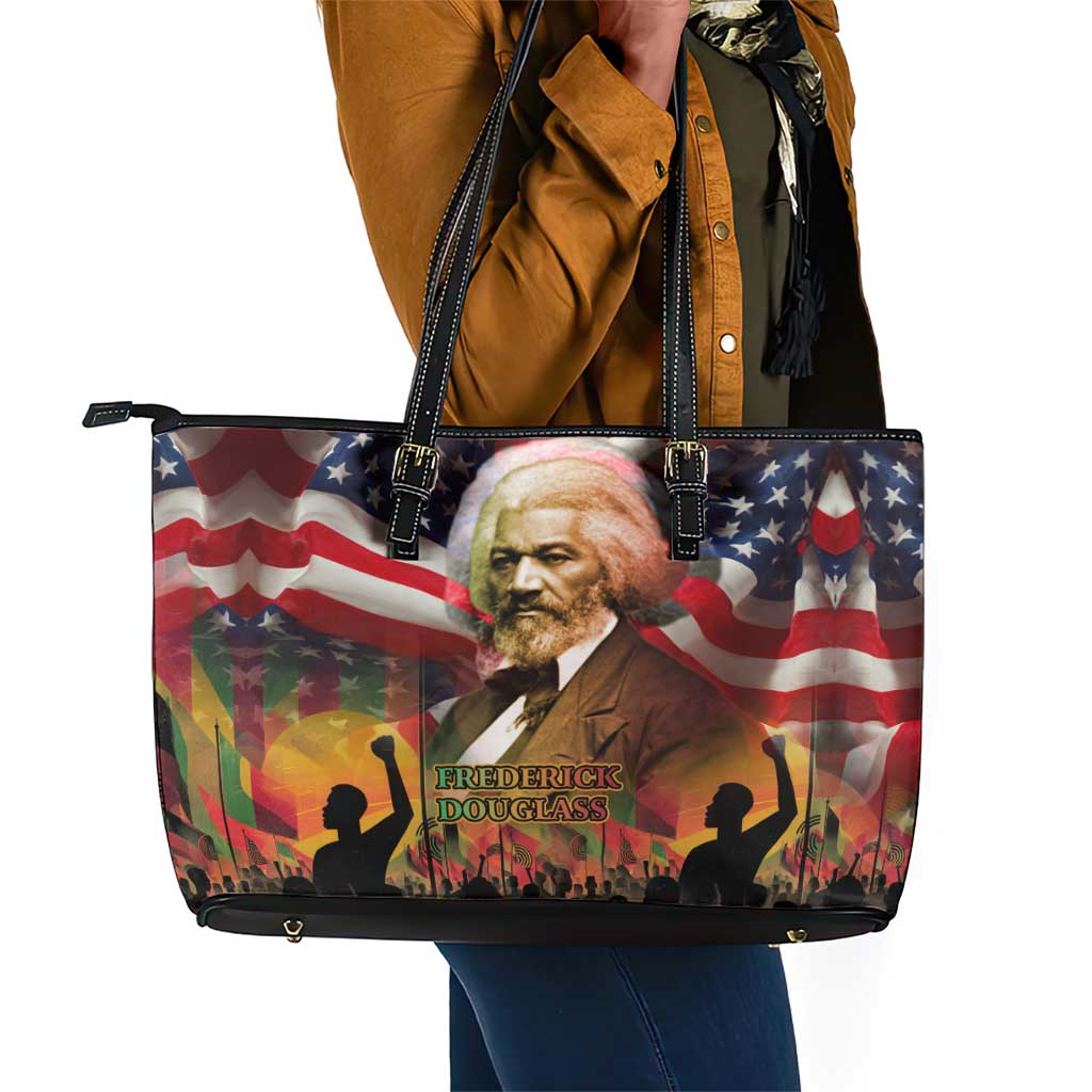 Frederick Douglass Leather Tote Bag American Flag Background Powerful Quote Build Strong Children Civil Rights Tribute - Wonder Print Shop