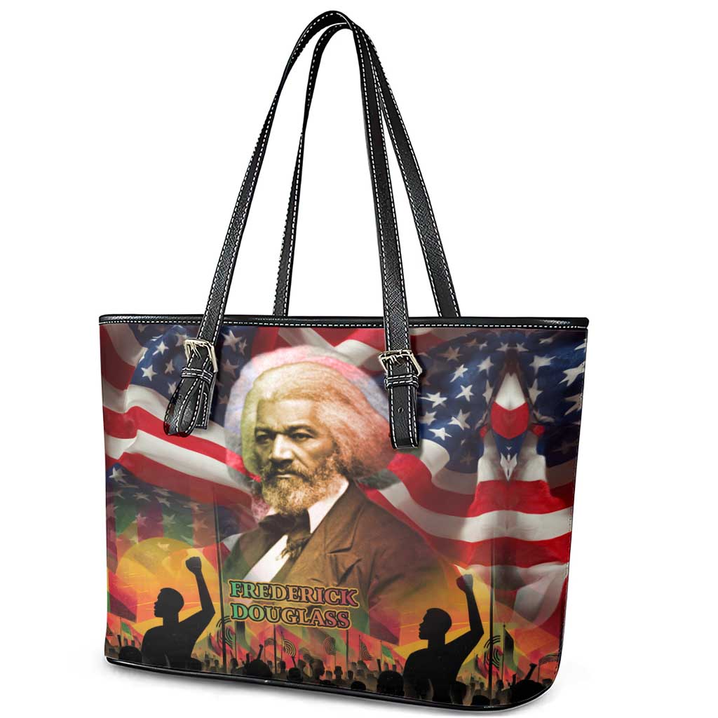 Frederick Douglass Leather Tote Bag American Flag Background Powerful Quote Build Strong Children Civil Rights Tribute - Wonder Print Shop