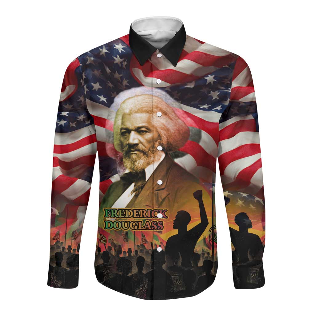 Frederick Douglass Long Sleeve Button Shirt American Flag Background Powerful Quote Build Strong Children Civil Rights Tribute - Wonder Print Shop