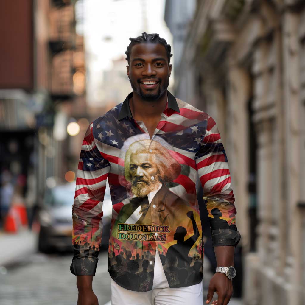 Frederick Douglass Long Sleeve Button Shirt American Flag Background Powerful Quote Build Strong Children Civil Rights Tribute - Wonder Print Shop