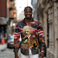 Frederick Douglass Long Sleeve Button Shirt American Flag Background Powerful Quote Build Strong Children Civil Rights Tribute - Wonder Print Shop