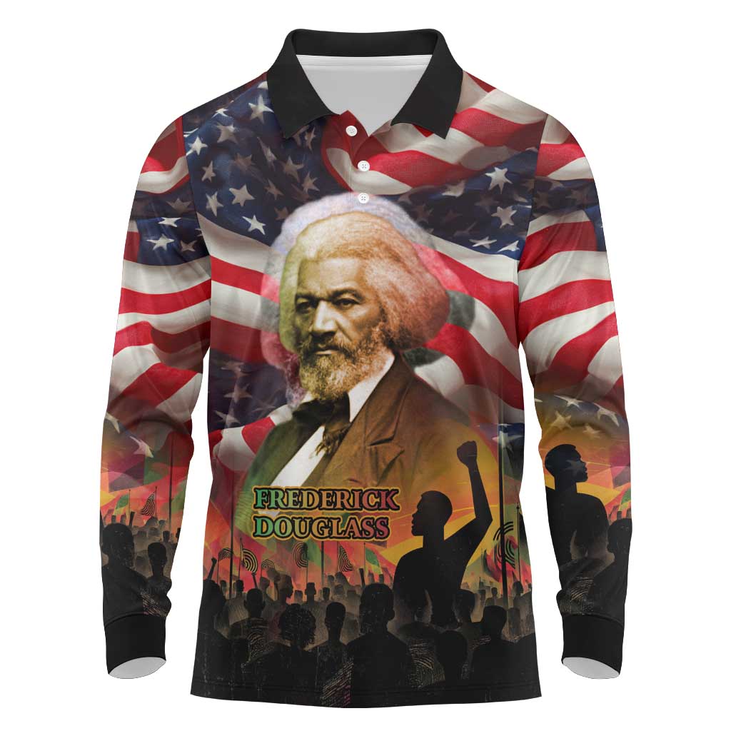 Frederick Douglass Long Sleeve Polo Shirt American Flag Background Powerful Quote Build Strong Children Civil Rights Tribute - Wonder Print Shop