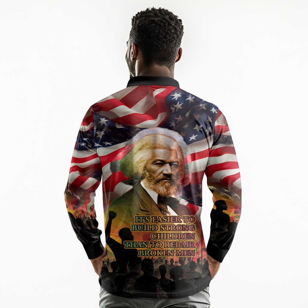 Frederick Douglass Long Sleeve Polo Shirt American Flag Background Powerful Quote Build Strong Children Civil Rights Tribute - Wonder Print Shop