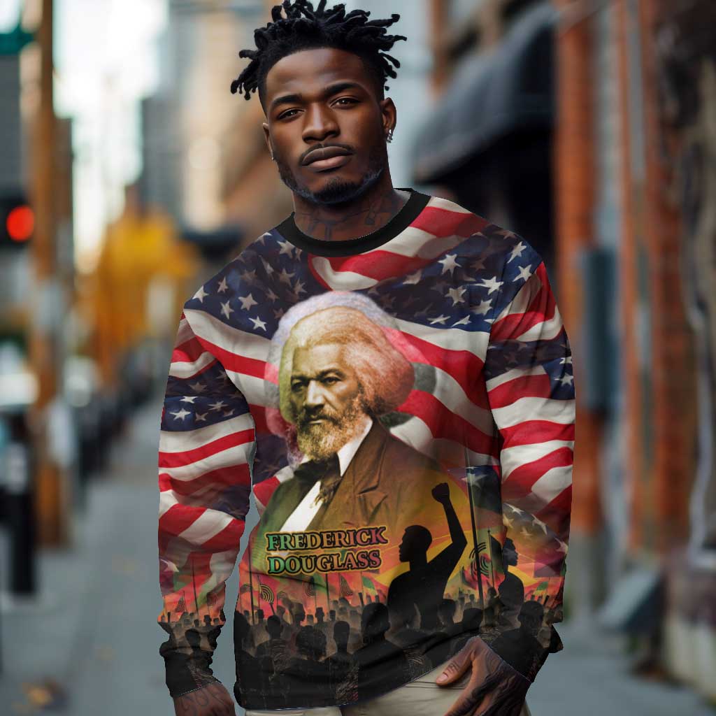 Frederick Douglass Long Sleeve Shirt American Flag Background Powerful Quote Build Strong Children Civil Rights Tribute - Wonder Print Shop