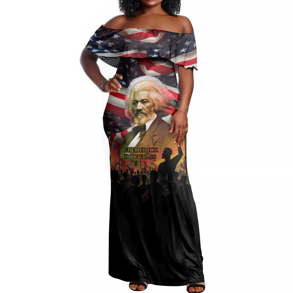 Frederick Douglass Off Shoulder Maxi Dress American Flag Background Powerful Quote Build Strong Children Civil Rights Tribute - Wonder Print Shop