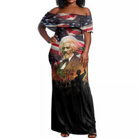Frederick Douglass Off Shoulder Maxi Dress American Flag Background Powerful Quote Build Strong Children Civil Rights Tribute - Wonder Print Shop