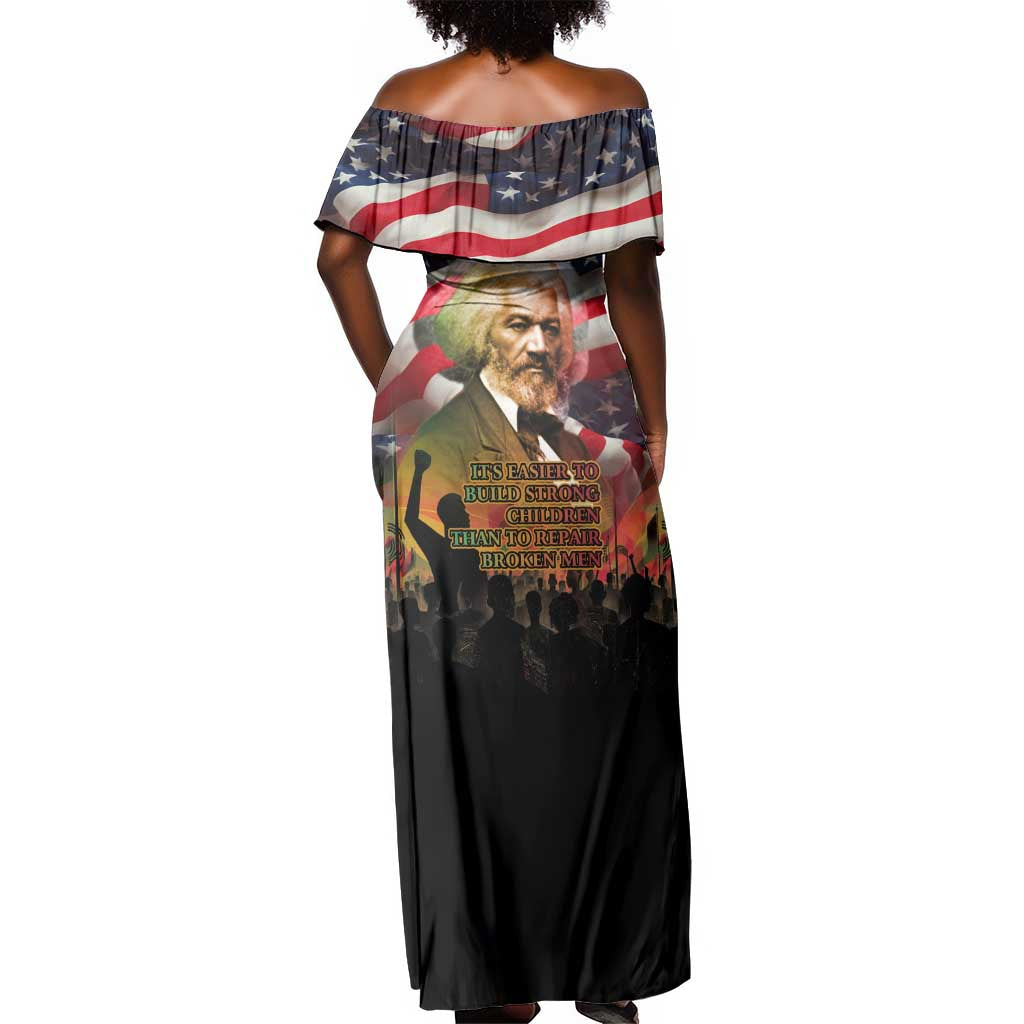 Frederick Douglass Off Shoulder Maxi Dress American Flag Background Powerful Quote Build Strong Children Civil Rights Tribute - Wonder Print Shop
